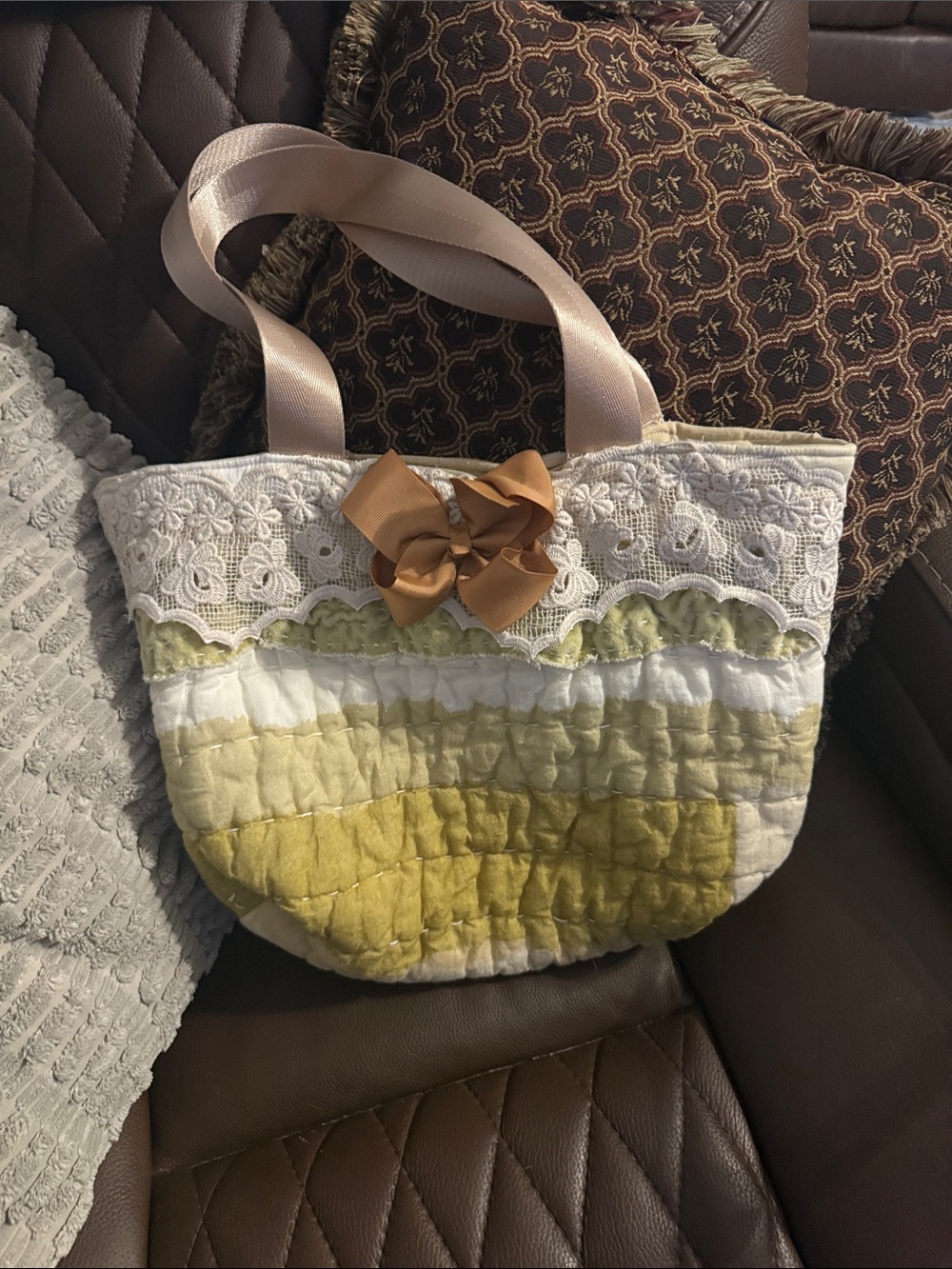 Lace-Trim Quilted Yellow and Cream Tote with Bow Accent